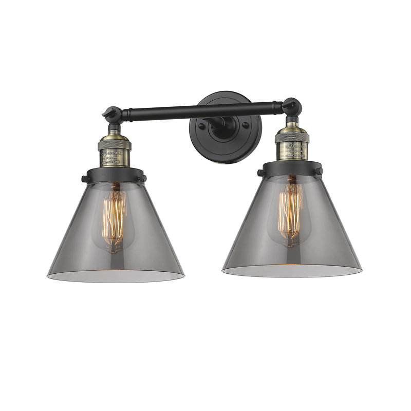 Cone 2 Light Bath Vanity Light, Smoked, Black Antique Brass, 60 Watt Vintage Incandescent Bulb