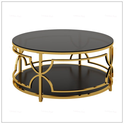 Round Tempered Glass Coffee Table with Luxurious Geometric Metal Frame, Gold Finish, and Lower Shelf for Extra Storage