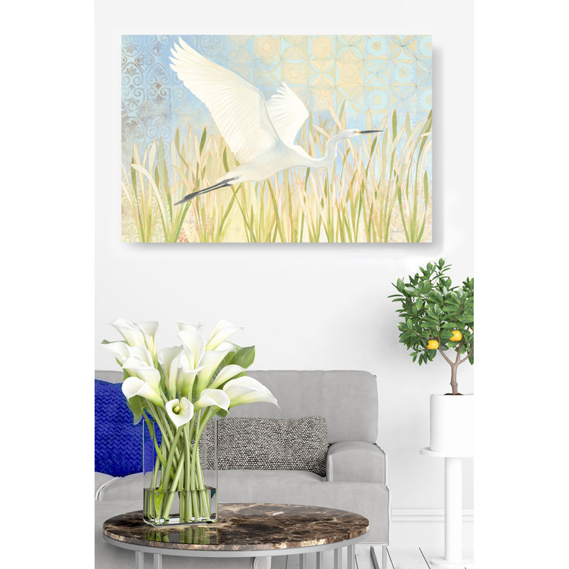 Aigrette enneigée en vol, hautes herbes, bleu, vert, blanc, H 24 po x l 36 po x P 1,5 po