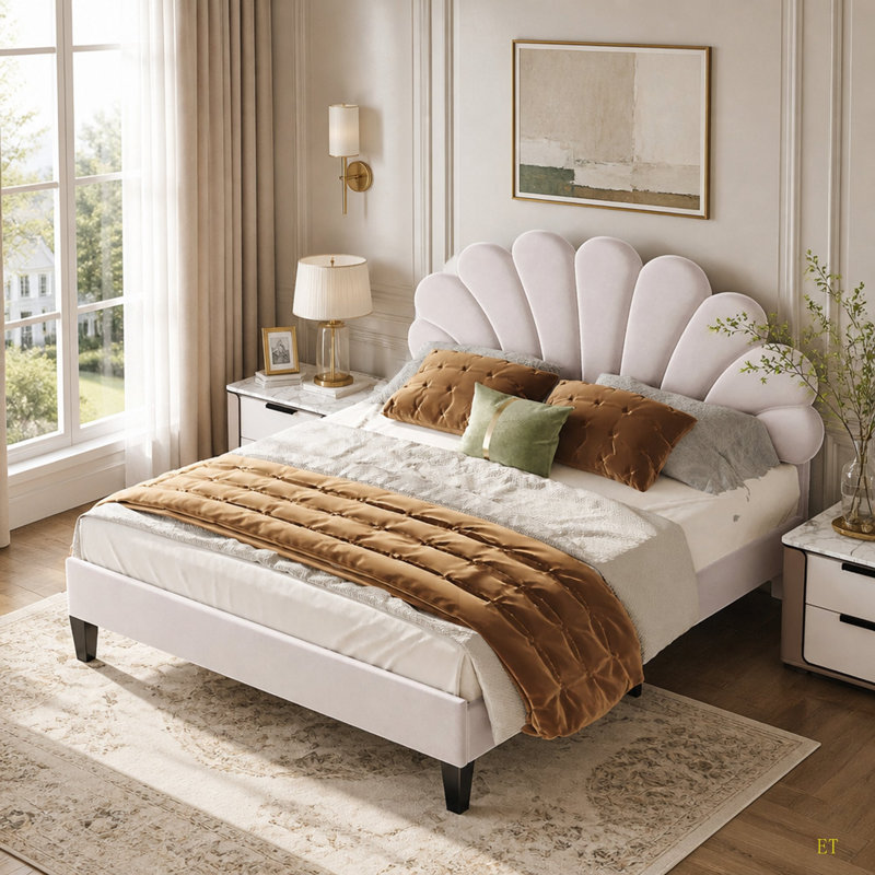 Upholstered Platform Bed With Flower Pattern Velvet Headboard, Queen