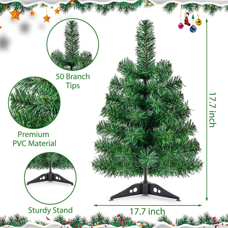 Arbre de Noël artificiel de table vert 17,7 pouces avec support en plastique Mini pin de Noël pour la décoration intérieure et extérieure