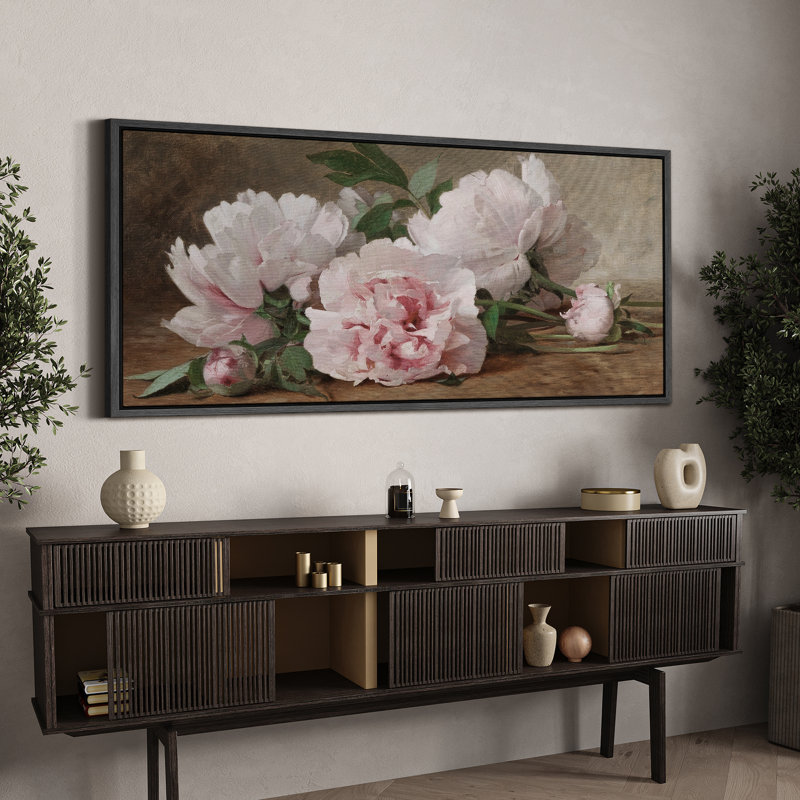 "Flower Blossom Elegant Pe pivoines in Bloom", impression florale sur toile, H 30 po x l 60 po, Noir, noir, noir, noir