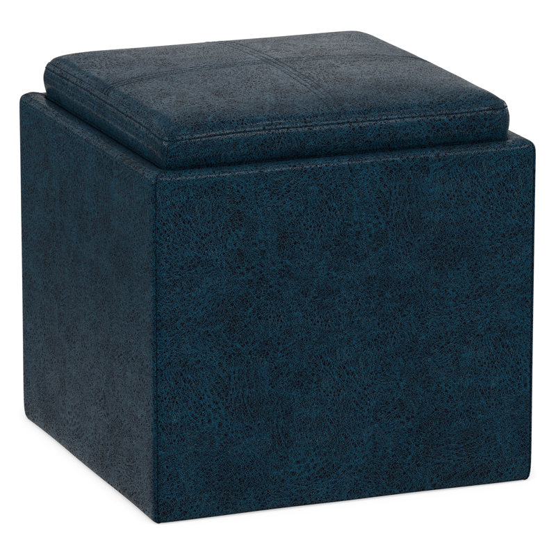 Repose-pieds carré contemporain avec rangement en cuir végétalien et plateau basculant Rockwood, Bleu foncé patiné