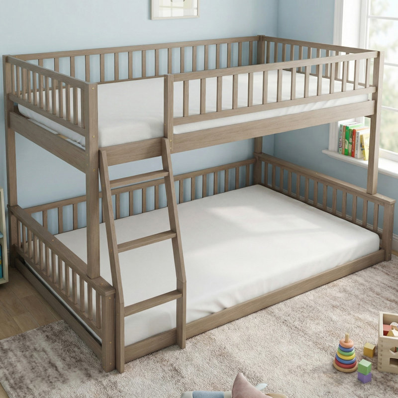 Lit superposé double au-dessus de grand lit en bois massif avec échelle et garde-corps pour chambre à coucher, Noyer