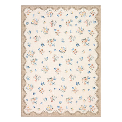 Tapis lavable vintage à motif floral et bordure en dentelle festonnée, idéal pour le salon, la chambre à coucher ou la salle à manger.