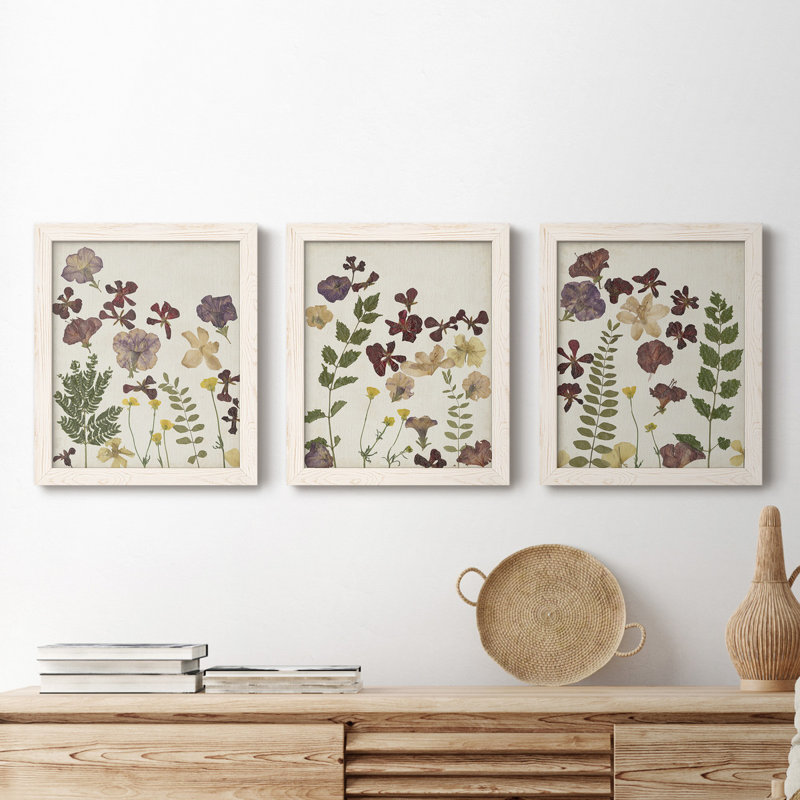 Pressed Flower Arrangement IV - Ensemble de 3 peintures sur toile encadrées, Blanc, H 20 po x l 51 po x P 1,5 po