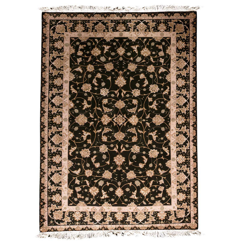 Tapis unique vert olive / beige noué à la main de haute qualité