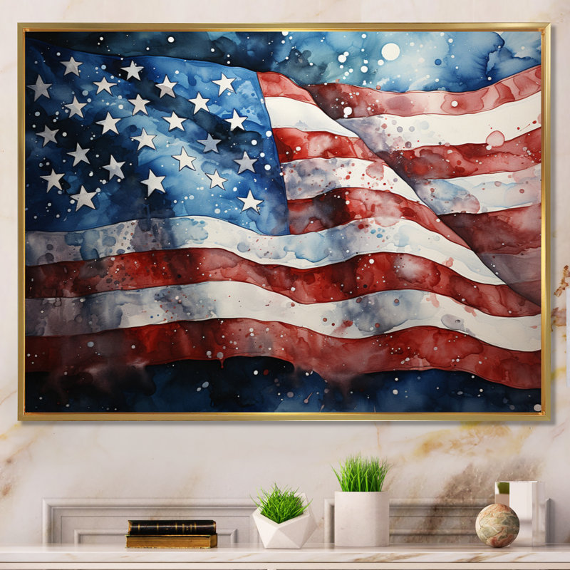Drapeau américain drapeau III - drapeau États-Unis, art mural pour le salon, 12" H x 20" W, Cadre flottant doré