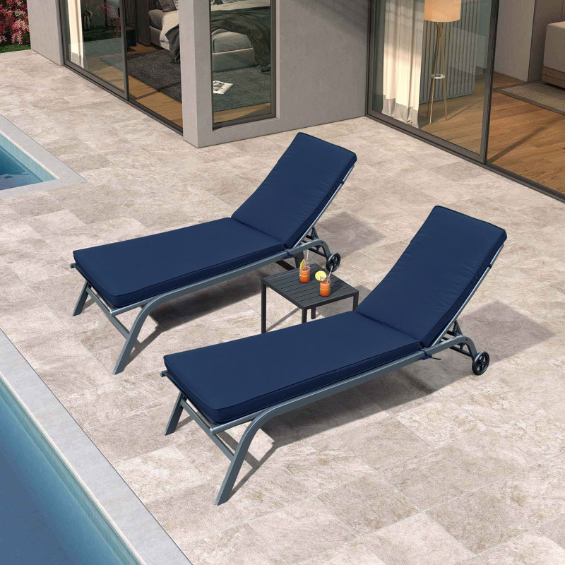 2PCS Set Outdoor Lounge Chair Cushion Replacement, Patio Furniture Seat Pad For Chaise Lounge In Navy Blue, Polyester - Constructed With Diverse Pattern Choices