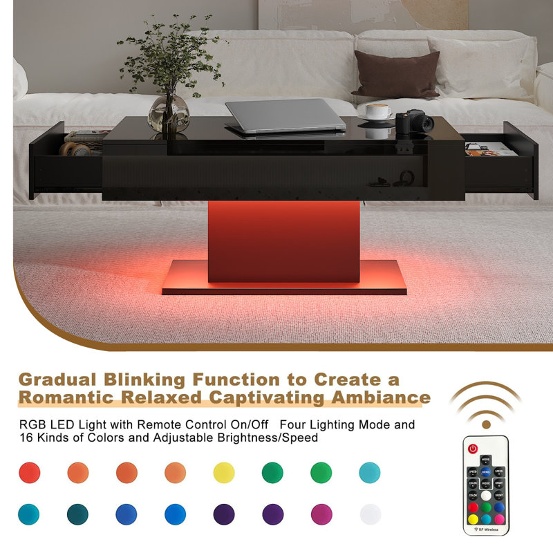 High Gloss LED Rectangle Coffee Table with 2 Drawers, Black