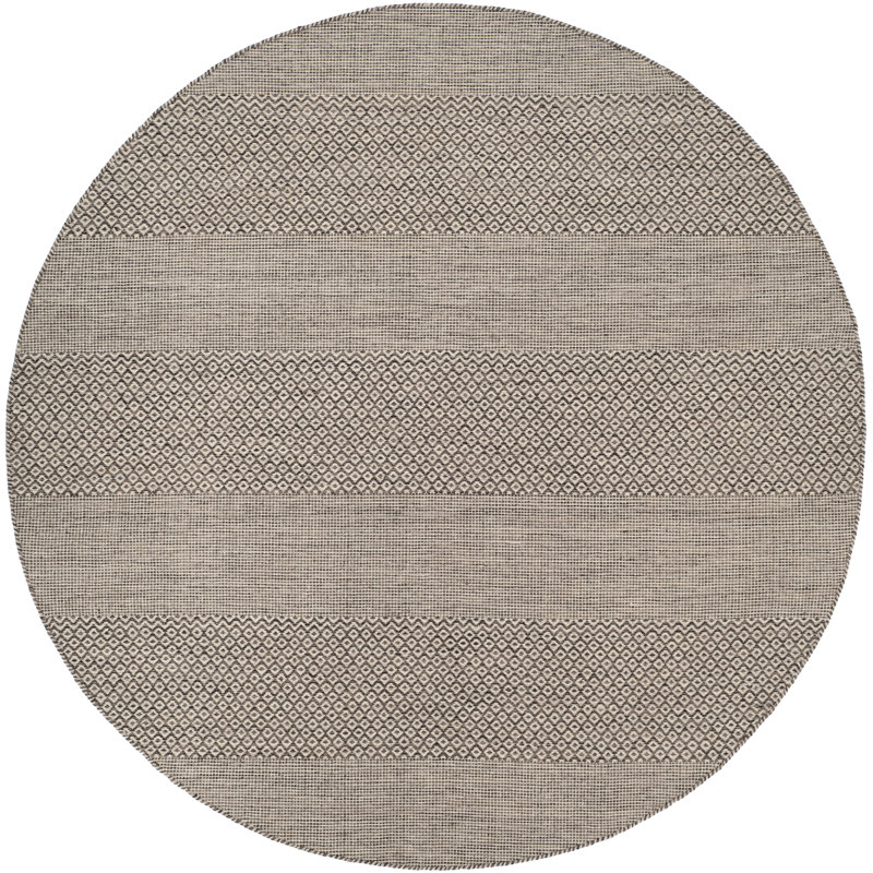 Tapis rayé ivoire / anthracite en coton tissé à plat à la main Bester, Rond 8 pi