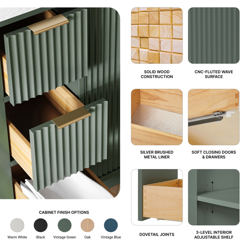 Meuble-lavabo simple en bois massif de 36 po avec plateau en marbre de Carrare de 1,5 po Haun, Oui, Rectangulaire, Vert rétro