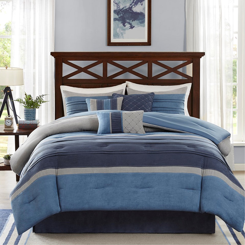Édredon en microsuède bleu marine avec détails plissés et intérieur lavable, Édredon de très grande taille et 6 pièces suppl