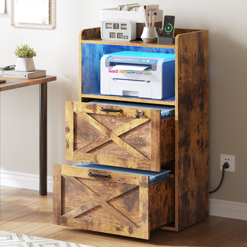 Jabar 25.6"W 2 Drawer File Cabinet With Charging Station, Filing Cabinet With Lighting & Open Storage Shelf, Brown