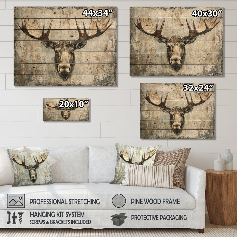 Tête abstraite de bois d'orignal - impression sur bois d'orignal - sur bois de pin naturel, H 34 po x l 44 po x P 0,78 po