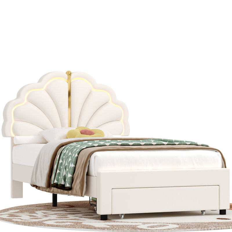 Upholstered Platform Bed with LED Lights and Drawers, Twin, White