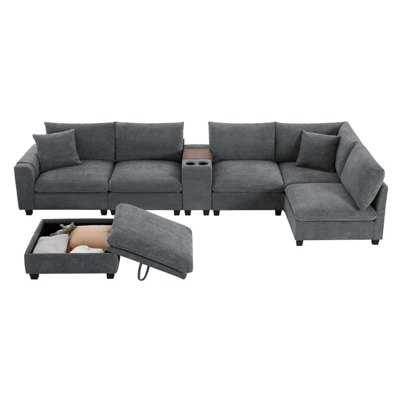 Canapé modulaire en U avec repose-pieds avec rangement et charge USB, Velours côtelé - Gris