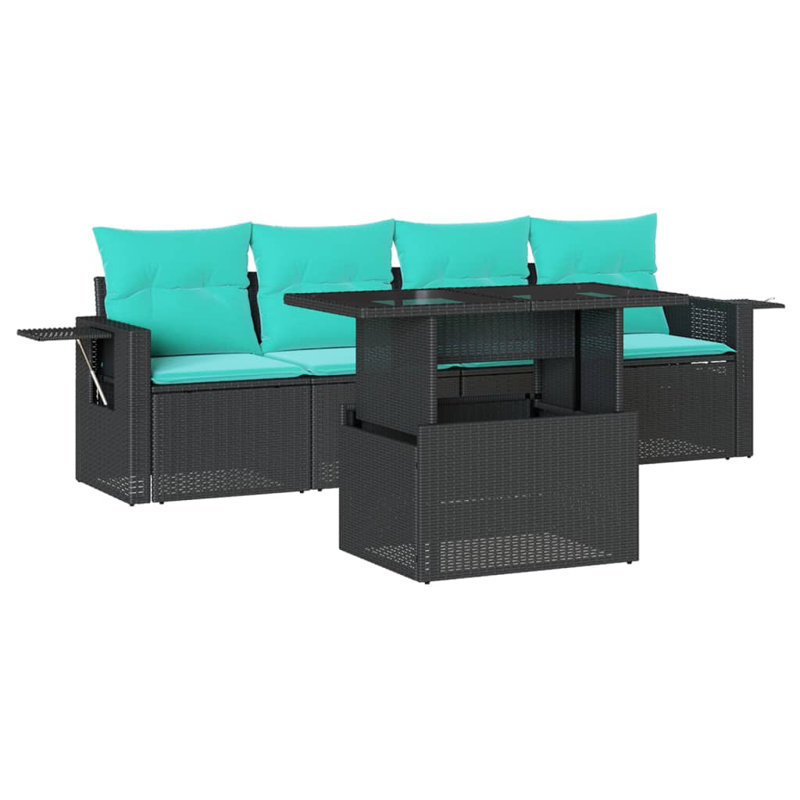 Ensemble de canapé de patio 5 pièces avec coussins en rotin de polyester, Bleu clair, Noir