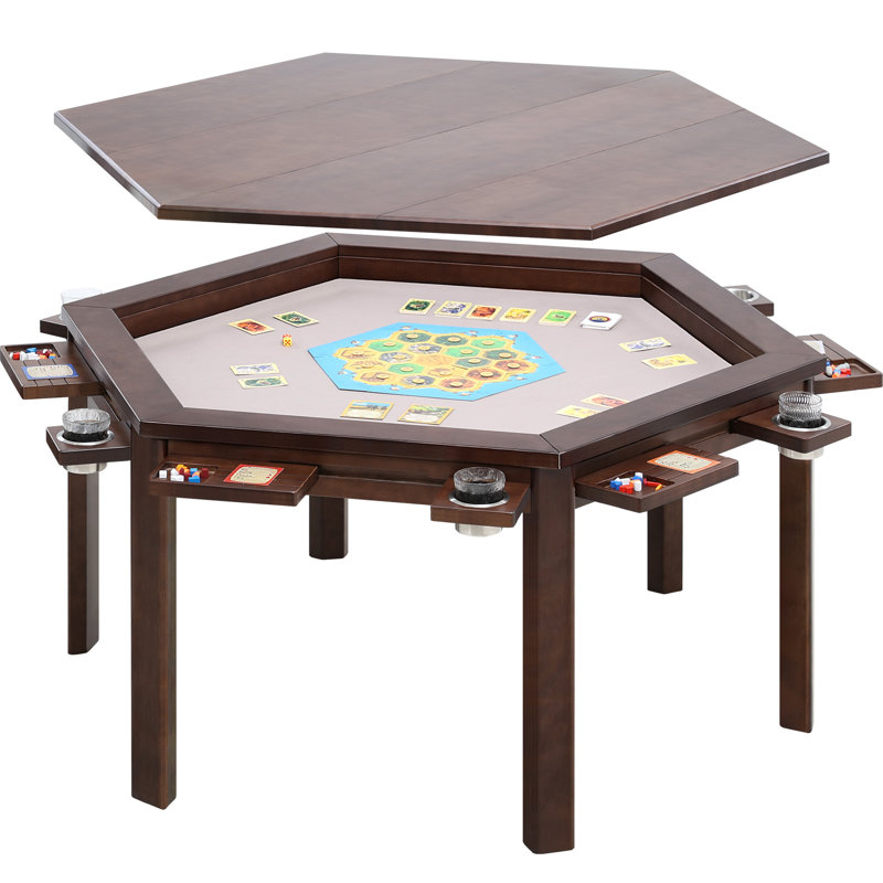 Hexagonal Solid Wood Board Game Table for 4–6 with Removable Top, Game Mat, 6 Cup Holders & Hobby Tray – D&D and Puzzle Table with Large Recessed Gaming Area