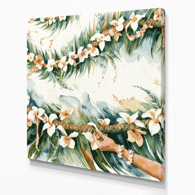 Hawaiian Lei Weaving White Canvas Wall Art