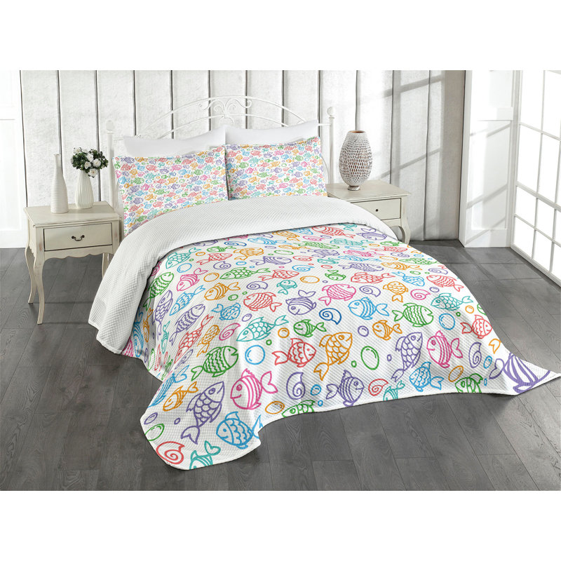 Ambesonne Fish Bedspread Set Funny Fish Aquaic Motif Multicolor, King Bedspread + 2 Standard Shams