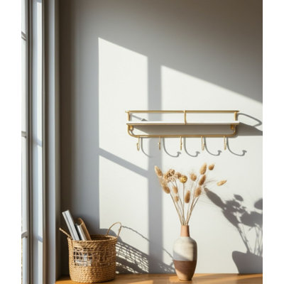 Wall Shelf with Hooks in Metal and Wood with Rail and Iron Frame