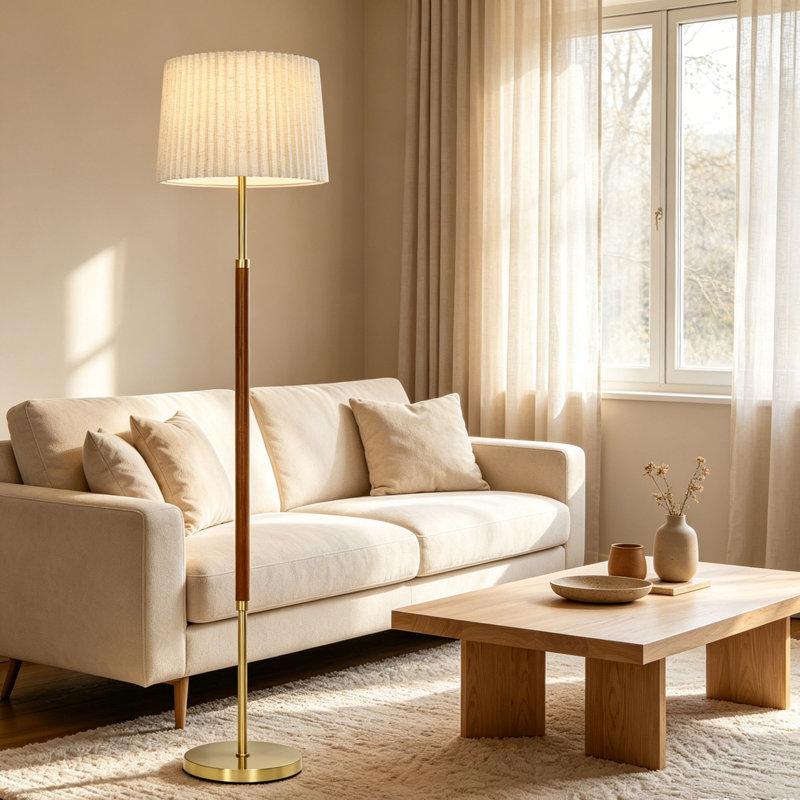 Lampe sur pied moderne en bois 65 po avec deux abat-jour en tissu et accents laiton 65 po