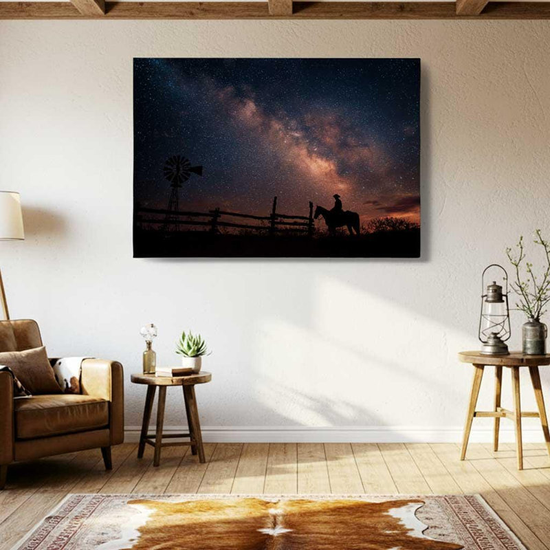 Impression sur toile Texas Night Sky Cowboy - décoration murale Western - impression de silhouette de ranch rustique