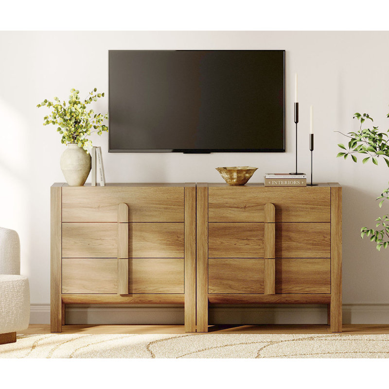 63" Mid-Century Modern TV Stand, Dresser With 6 Drawers, Wooden TV Console With Storage For Living Room,Bedroom, Walnut