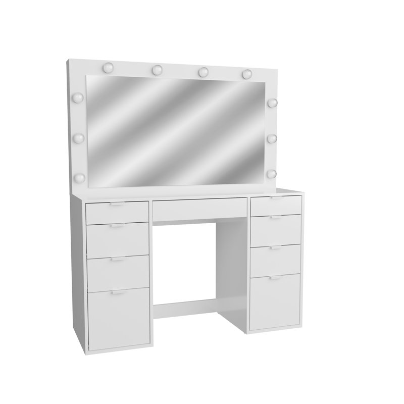 Taniah Vanity Desk with LED Lighted Full Mirror, 9-Drawer, 47.2" W