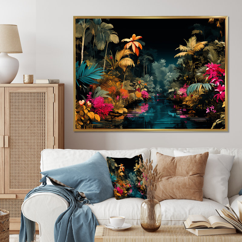 Fleurs roses et bleues de la jungle tropicale - Art mural jungle, Cadre flottant noir, H 16 po x l 32 po x P 1 po