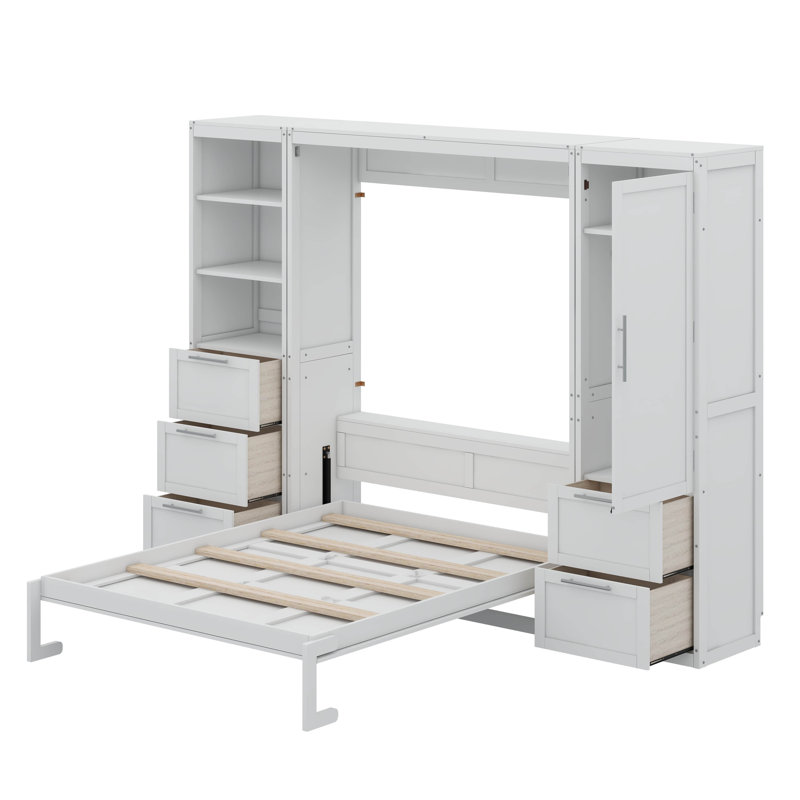 Queen Size Wall-Mounted Murphy Bed – Closet, Drawers & Storage Shelves Included, White
