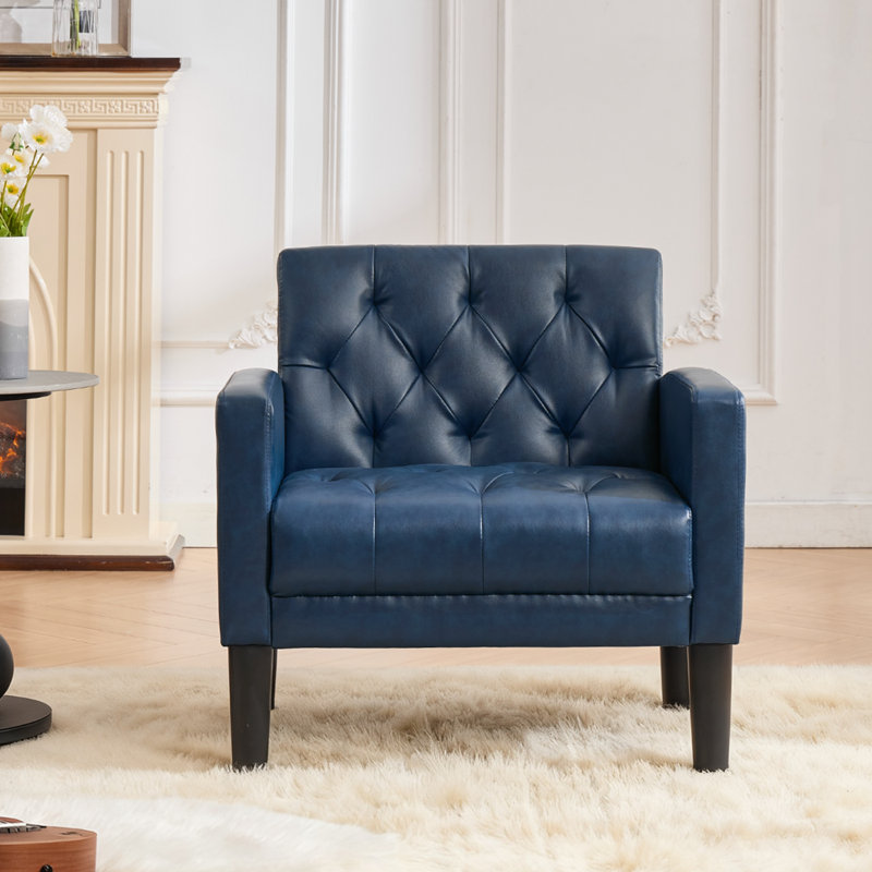 30.91"W Leather Tufted Accent Chair, Blue