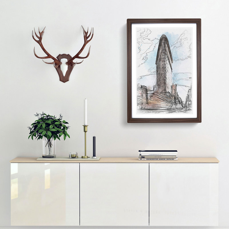 Flatiron Building in New York in Abstract - Picture Frame Graphic Art Print, 36cm H x 27cm W x 2cm D, Walnut Framed