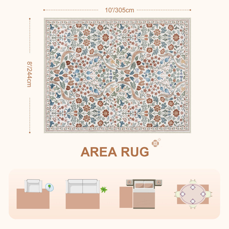 Kaldi Floral Washable Area Rug – Intricate Nature-Inspired Design, Non-Slip Soft Floor Mat for Living Room, Bedroom, and Entryway