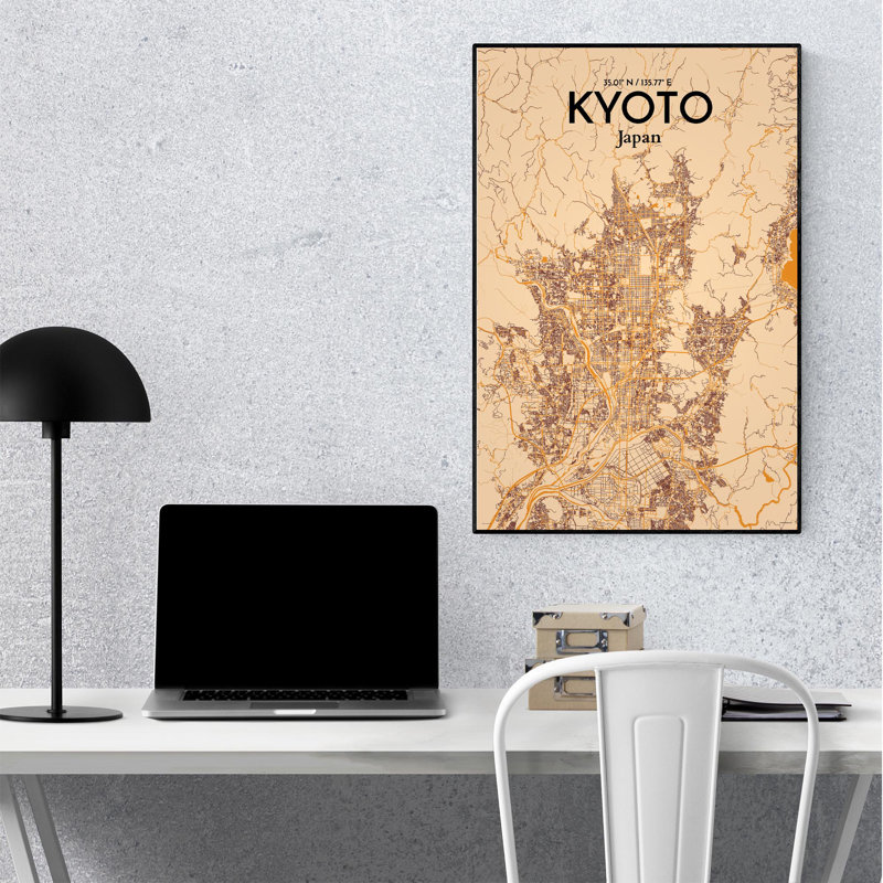 «Kyoto City Map», impression, Orange / or pâle, H 36 po x l 24 po