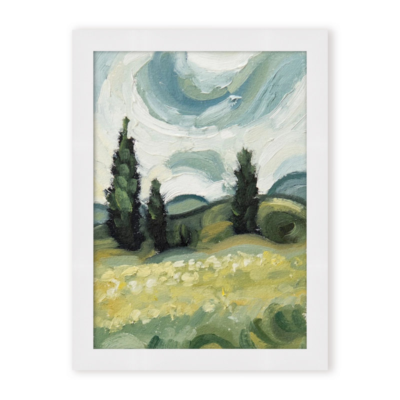 Nature Inspired Whirlwind Dreams: Abstract Swirls Of Hills And Cloudy Skies, 16" H x 12" W x 1.125" D, Framed Print, White