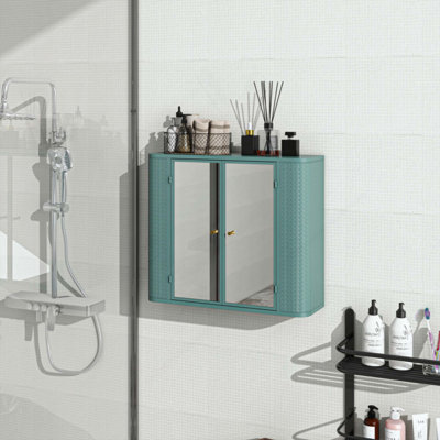 Armoire de salle de bain murale avec miroir, 2 portes en miroir et tablette ouverte, armoire de rangement en métal de style campagnard avec compartiment ouvert pour meuble-lavabo, toilette et évier