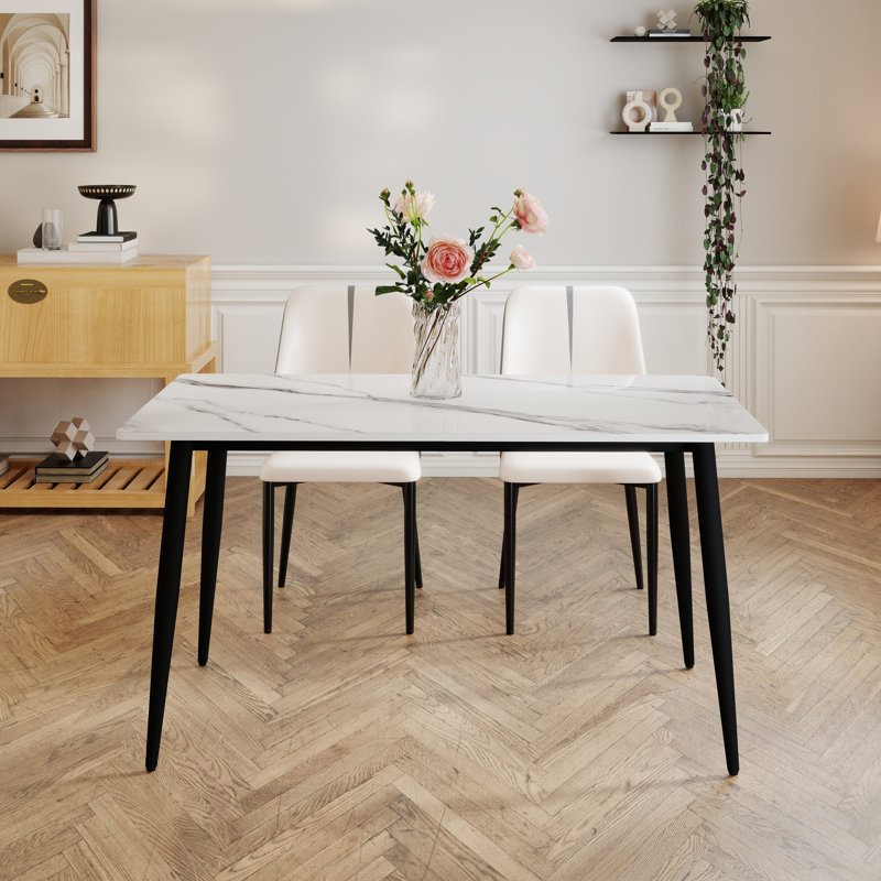 Table de salle à manger moderne à 4 pieds avec plateau en pierre frittée, Blanc/Noir