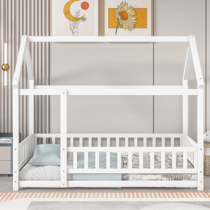 Thendara Floor Bed Frame, Wooden Platform Bed with House Roof Frame and Fence Guardrails, Twin, White
