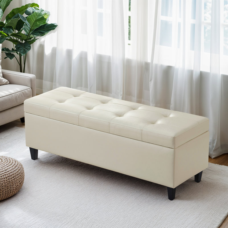 Banc de rangement rembourré en similicuir l 50,5 po, Crème