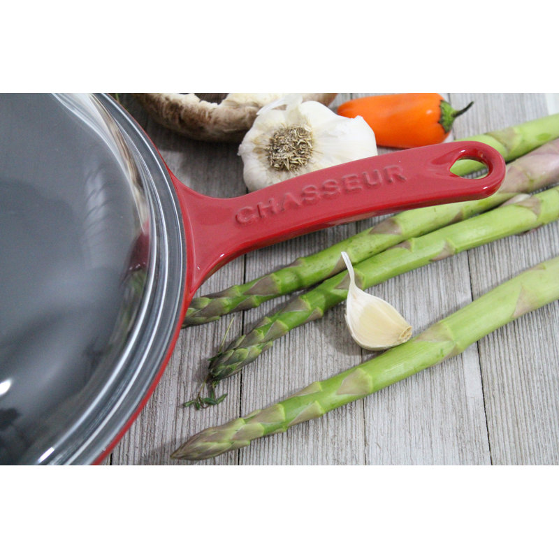 Red Enameled Cast Iron Frying Pan with Glass Lid