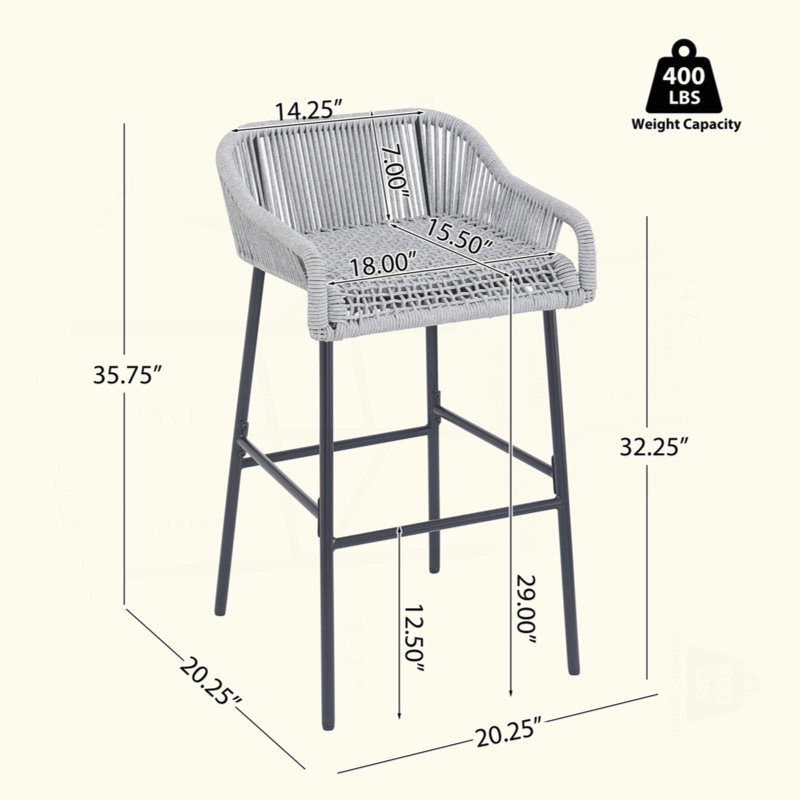 Tabourets de bar pour l'extérieur en corde tissée résistante aux intempéries, ensemble de 2, Gris clair