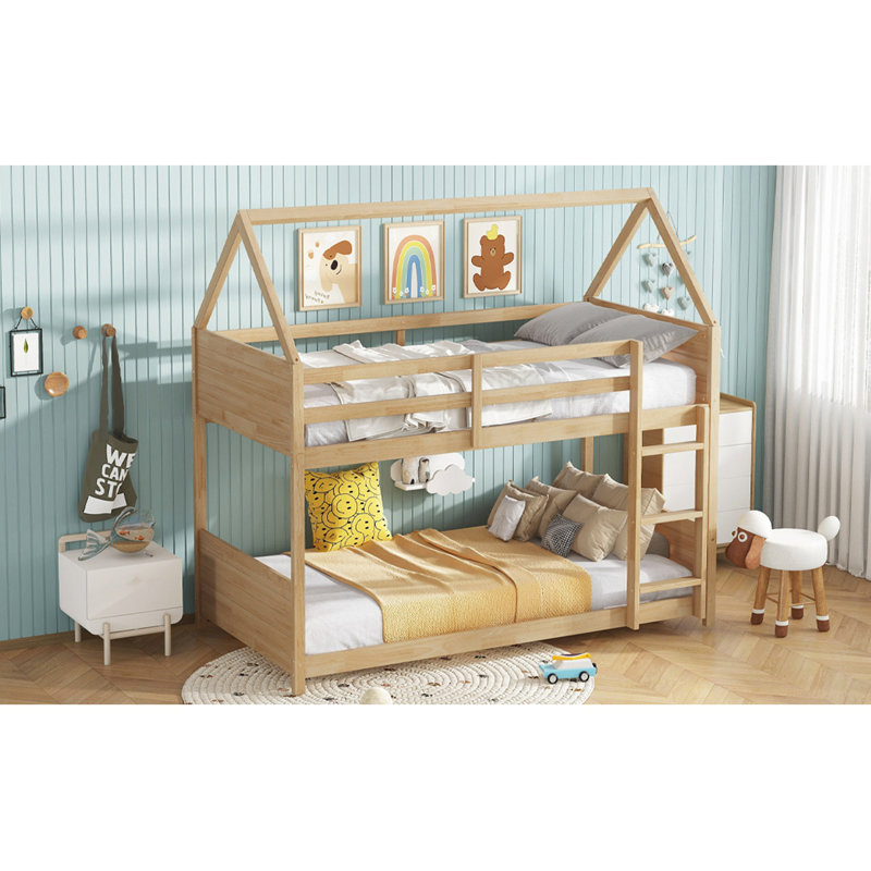 Lit superposé au sol avec tête de lit, pied de lit et garde-corps, échelle, lit superposé en bois d'hévéa House, Chêne blanc