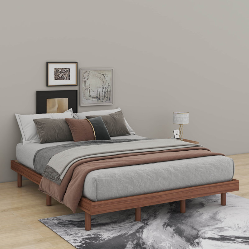 Lit plateforme flottant de conception moderne, Noyer, Grand lit
