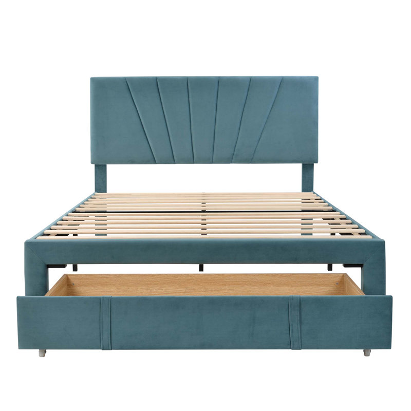 Lit plateforme tapissier avec rangement, Bleue