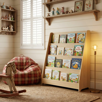 Bibliothèque pour enfants certifiée CPC, présentoir à livres ouvert à 4 niveaux pour enfant, organisateur de rangement pour tout-petits dans la salle de classe, ton bois naturel