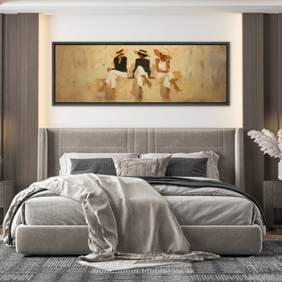 Elegant Women in Sun Hats Sitting Together in Warm Neutral Tones - Large Framed Canvas Master Bedroom Wall Art Print