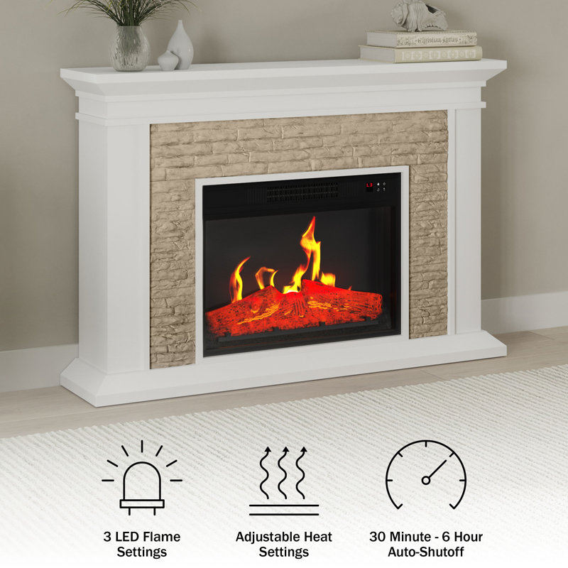 Symple Stuff Electric Fireplace with Mantel - Freestanding Heater with Remote Control, Light-Adjustable LED Flames, and Faux Logs and Stones