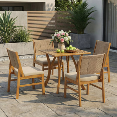 5 Piece Acacia Wood Outdoor Patio Dining Set, Square Table with 4 Chairs, Teak Finish with Cream Cushions & Light Brown Wicker Backs, Perfect for Balcony, Garden, Backyard